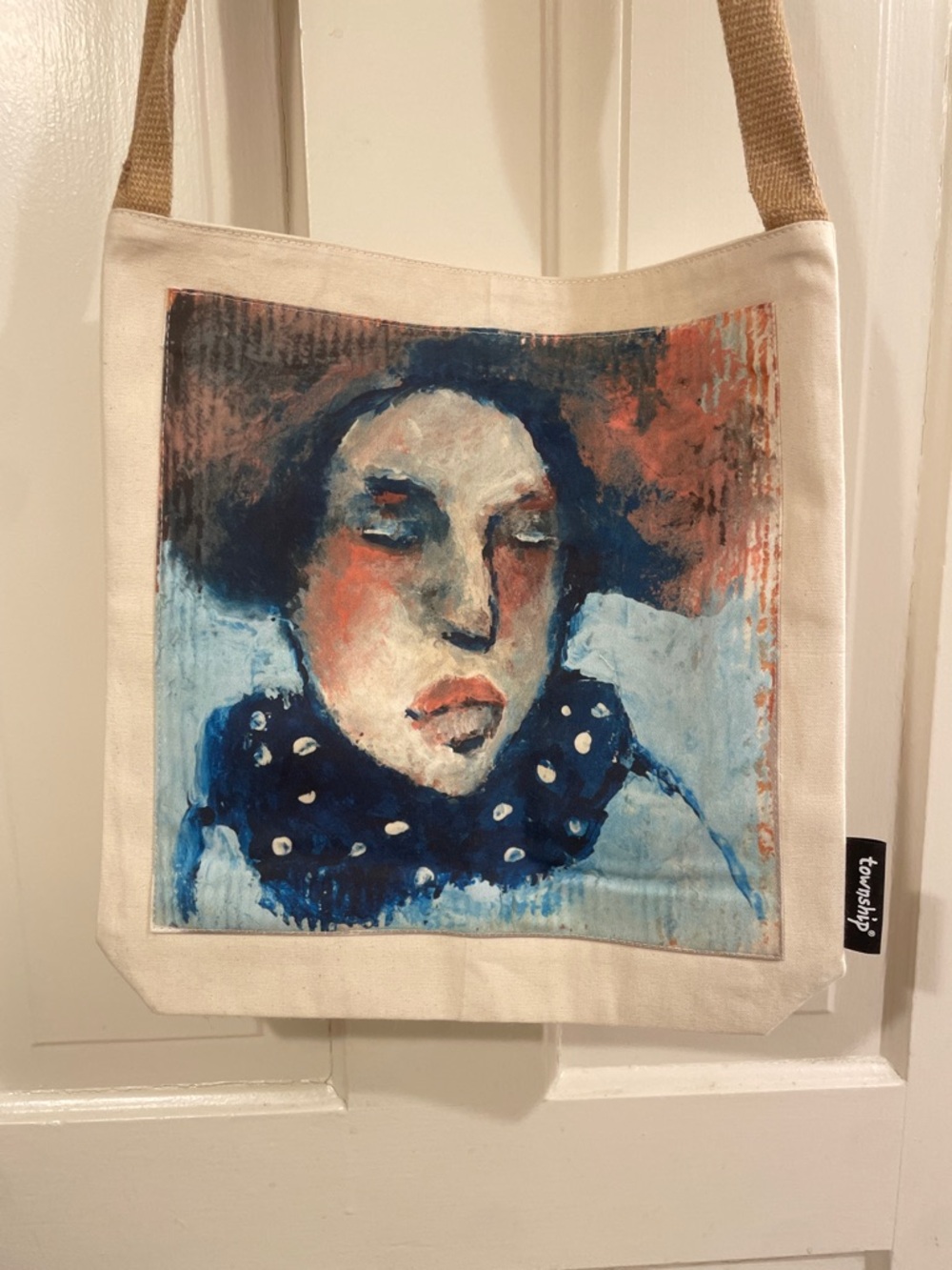 Cream Canvas Crossbody Tote with Striking Blue Art Panel